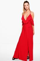 Boohoo Lyla Frill Detail Drop Shoulder Wrap Tie Maxi Dress Red