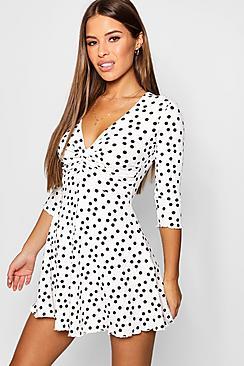 Boohoo Petite Ribbed Spot Skater Dress