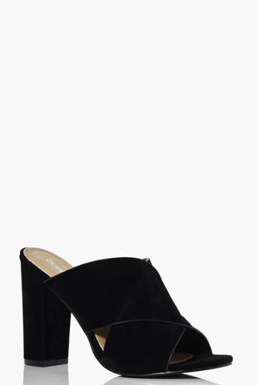 Boohoo Ivy Cross Strap Peeptoe Block Heel Mule Black