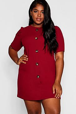 Boohoo Plus Crepe Horn Button Puff Sleeve Shift Dress