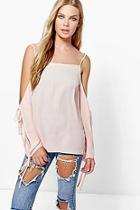 Boohoo Jessica Cold Shoulder Tie Sleeve Top