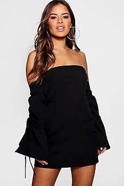 Boohoo Petite Bardot Draw Cord Sleeve Shift Dress