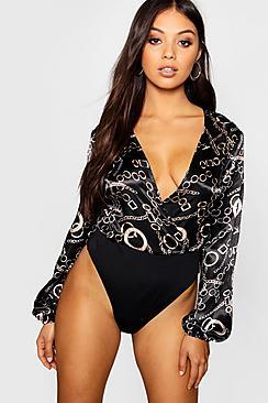 Boohoo Petite China Print Wrap Front Top