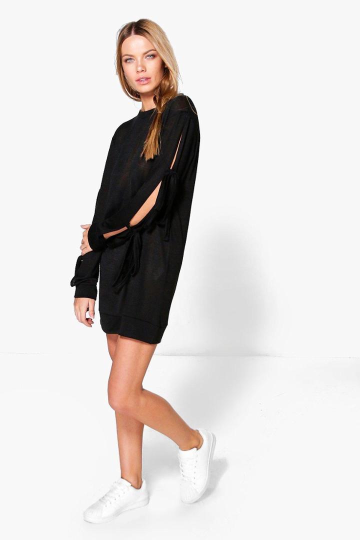 Boohoo Vera Tie Sleeve Sweat Dress Black