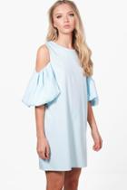 Boohoo Zhi Puff Sleeve Cold Shoulder A-line Shift Dress Blue