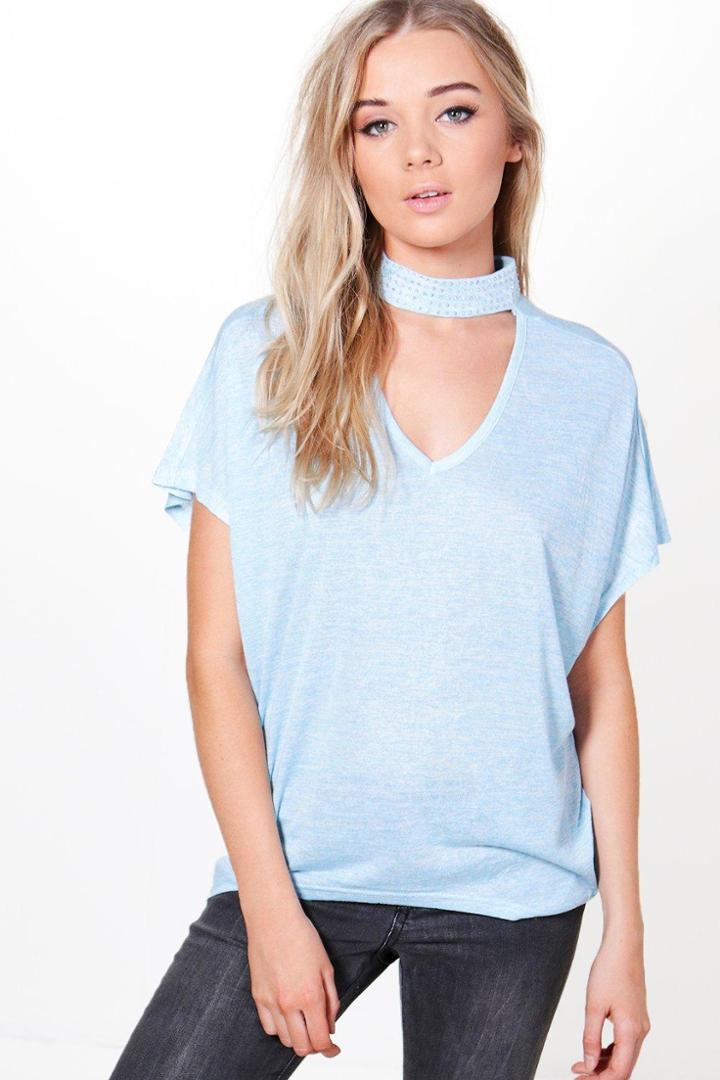 Boohoo Rebecca Diamante Choker Knitted Top Blue