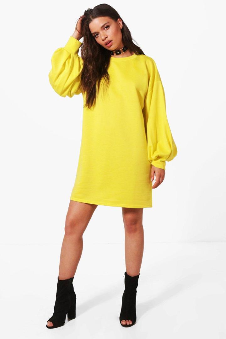 Boohoo Amelia Puff Sleeve Sweat Dress Yellow