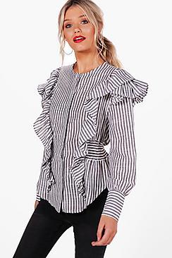 Boohoo Ella Stripped Ruffle Corset Waist Shirt