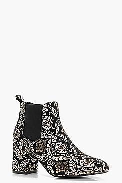Boohoo Freya Baroque Print Low Block Heel Chelsea Boot