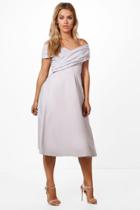 Boohoo Plus Erica Pleated Off The Shoulder Skater Dress Grey