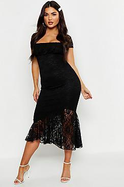 Boohoo Cap Sleeve Frill Hem Lace Midi Dress