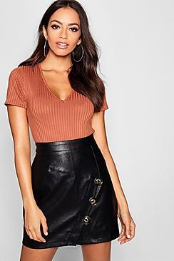 Boohoo Mock Horn Button Diagonal Panel Pu Mini Skirt