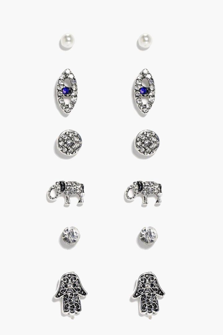 Boohoo Arabella Hamsa & Elephant Stud 6 Earring Set Silver