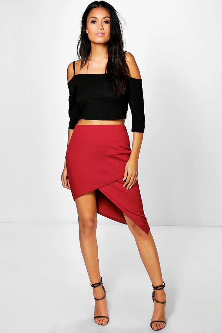 Boohoo Lucia Asymetric Wrap Midi Skirt Ruby