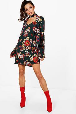 Boohoo Pleated Sleeve Tie Neck Shift Dress