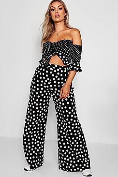 Boohoo Plus Polka Dot Bardot Crop & Trouser Co-ord Set