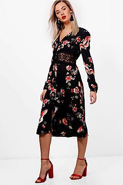 Boohoo Oriental Crochet Waist Midi Dress