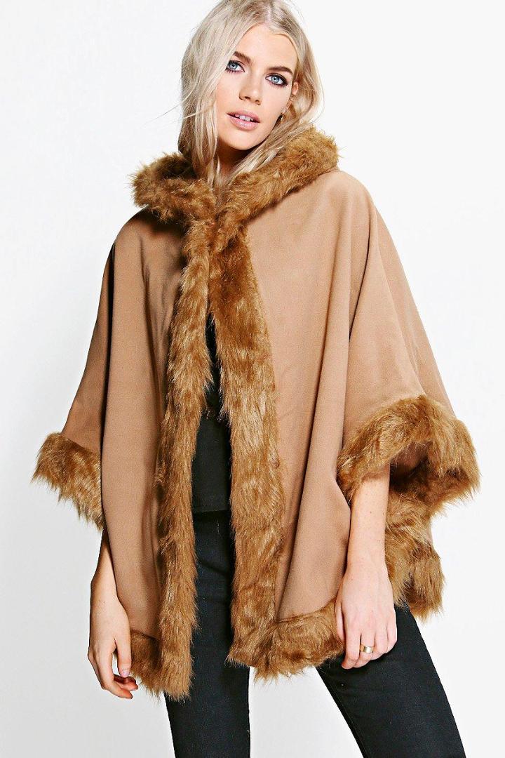 Boohoo Katie Faux Fur Trim Cape Camel