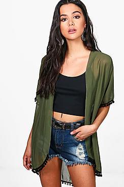 Boohoo Alexandra Chiffon Kimono With Pom Pom Trim