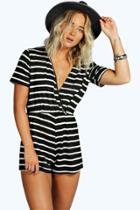 Boohoo Mia Wrap Front Cappped Sleeve Striped Playsuit Black