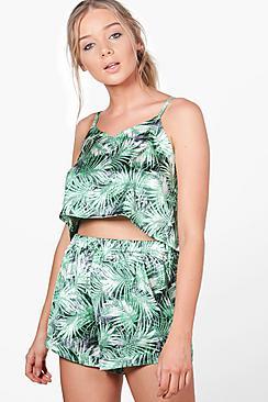 Boohoo Macy Palm Print Satin Crop + Short Set