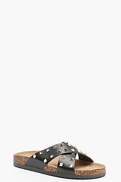 Boohoo Amy Cross Strap Studded Footbed Sandals