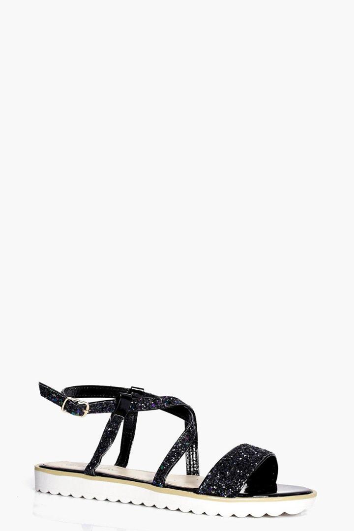 Boohoo Cross Strap Embellished Cleated Sandal Black