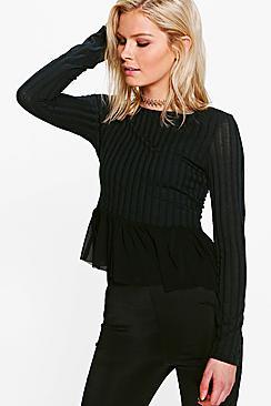 Boohoo Nicole Long Sleeve Rib Mesh Hem Top