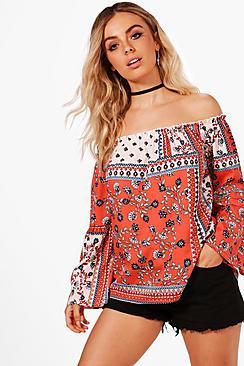 Boohoo Lexi Off The Shoulder Printed Top