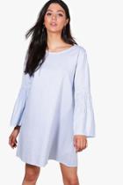 Boohoo Emma Pinstripe Smocked Sleeve Shift Dress Bluebell