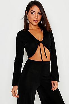 Boohoo Tie Front Long Sleeve Crop Top