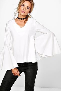Boohoo Bonnie V Neck Cotton Volume Sleeve Blouse