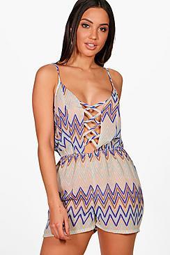 Boohoo Poppy Zig Zag Lace Up Beach Playsuit