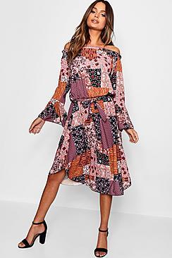 Boohoo Bardot Bohemian Print Midi Dress