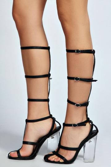 Boohoo Rebecca Knee High Perspex Heel Gladiator - Black