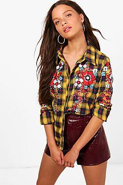 Boohoo Bronte Check Embroidered And Stud Shirt