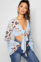 Boohoo Floral Ruffle Sleeve Tie Front