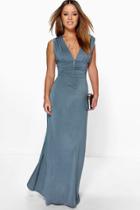 Boohoo Petite Donna Plunge Ruched Maxi Dress Grey