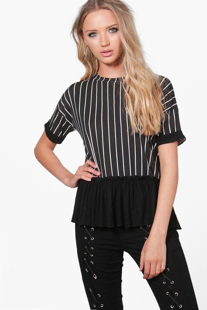 Boohoo Ria Ruffle Stripe T-shirt Black