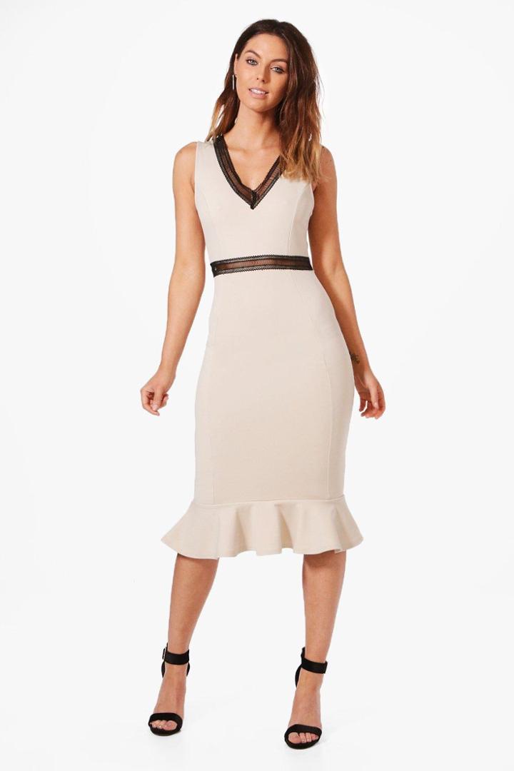 Boohoo Rebecca Ladder Trim Detail Peplum Hem Midi Dress Stone