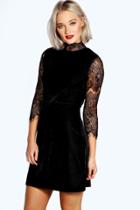 Boohoo Riona High Neck Lace And Velvet Bodycon Dress Black