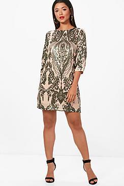 Boohoo Boutique Sequin Print  Sleeve Shift Dress