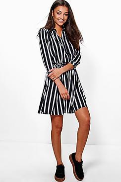 Boohoo Tall Lisa Woven Stripe Belt Shirt Dress