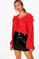 Boohoo Sheer Ruffle Balloon Sleeve Top