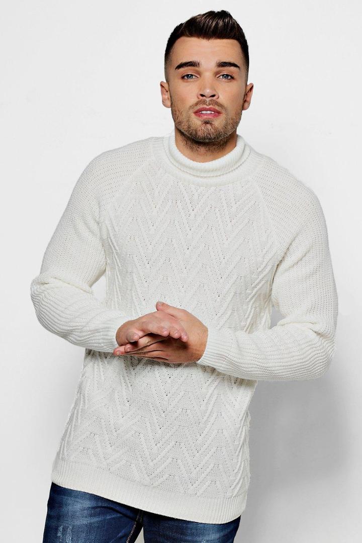 Boohoo Roll Neck Chevron Jumper With Raglan Sleeves Ecru