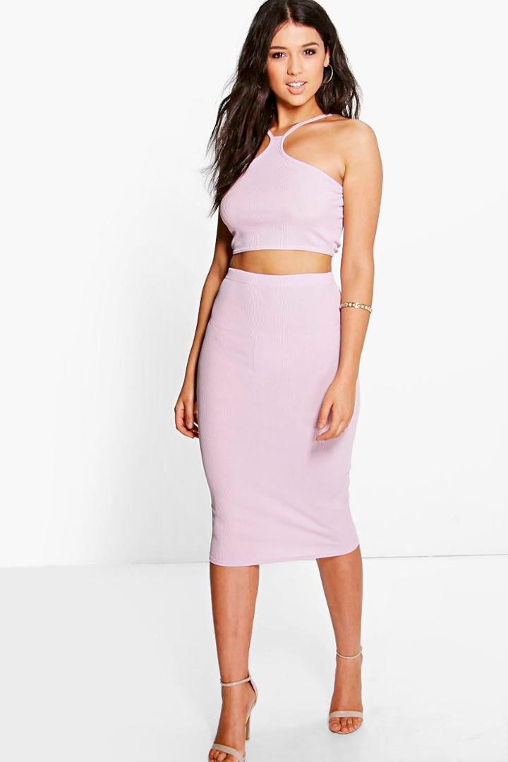 Boohoo Jesca Ribbed Cut Away Top & Midi Skirt Co-ord Set Violet