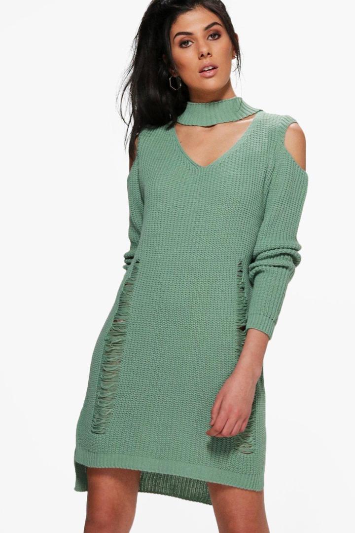 Boohoo Beth Choker Distressed Cold Shoulder Jumper Dress Sage