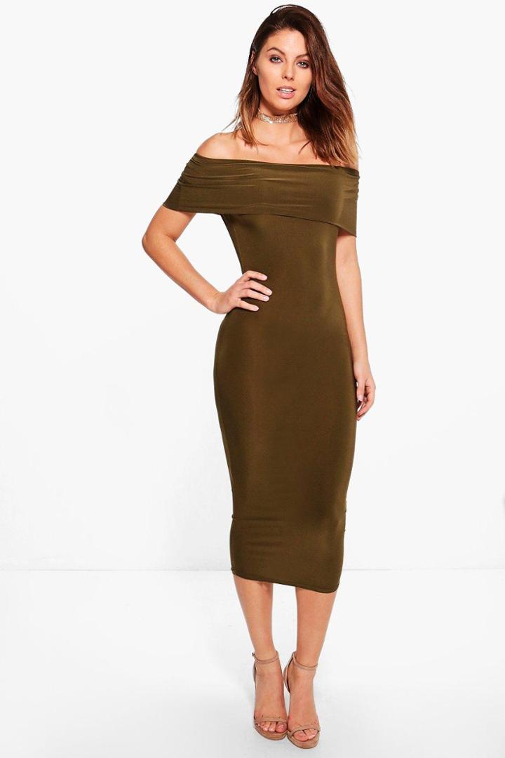 Boohoo Lula Slinky Off Shoulder Midi Bodycon Dress Khaki