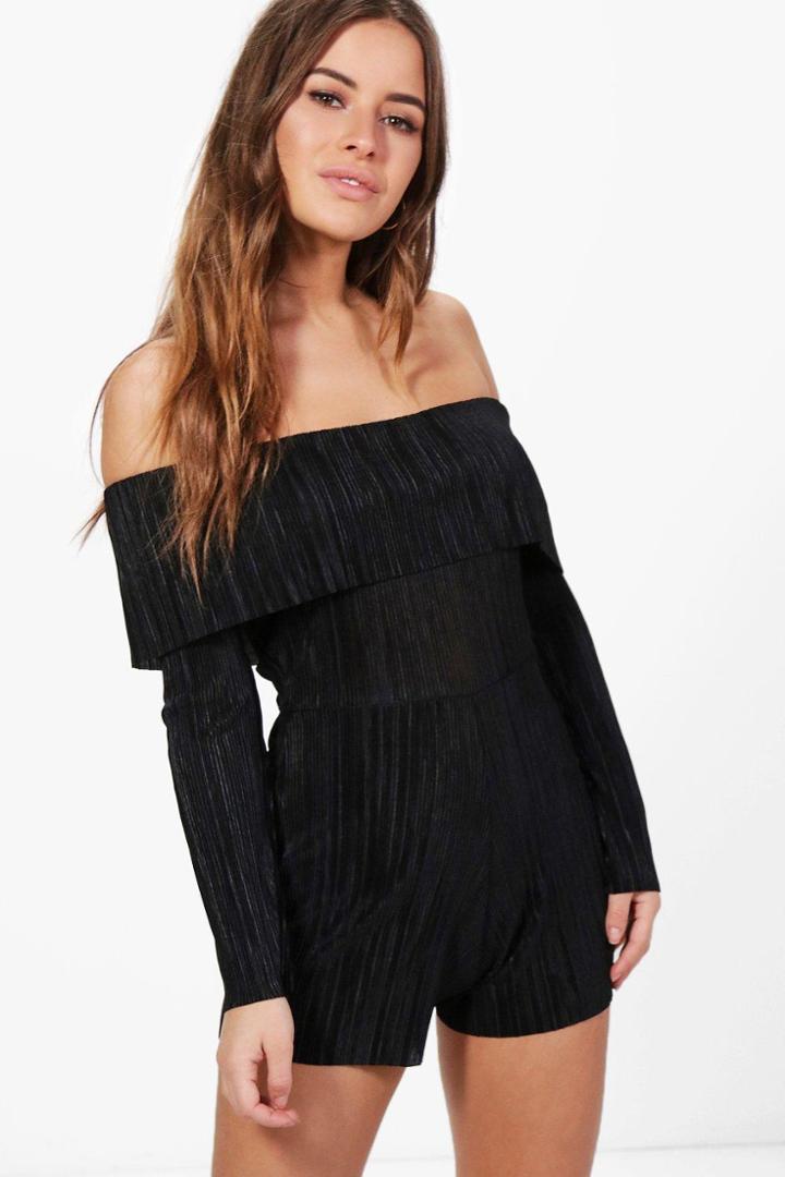 Boohoo Petite Nicola Pleated Off The Shoulder Playsuit Black