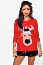 Boohoo Elizabeth Red Nose Reindeer Christmas Jumper
